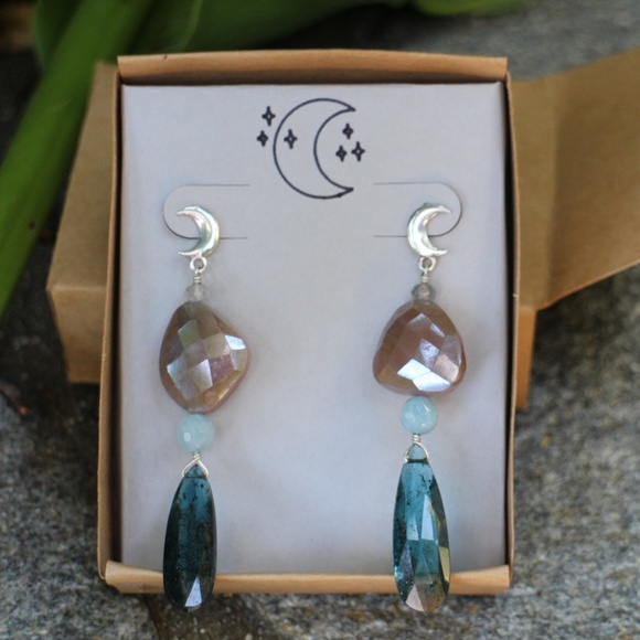 Hand Crafted Jewelry - ✨Imperial Kyanite Mystic Moonstone Moon Earrings